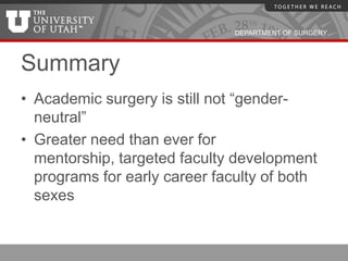 DEPARTMENT OF SURGERY




Summary
• Academic surgery is still not “gender-
  neutral”
• Greater need than ever for
  mentorship, targeted faculty development
  programs for early career faculty of both
  sexes
 