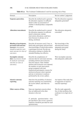 196 CH 08 ASSESSING RISK OF BIAS IN INCLUDED STUDIES
Table 8.5.a The Cochrane Collaboration’s tool for assessing risk of bias
Domain Description Review authors’ judgement
Sequence generation. Describe the method used to generate
the allocation sequence in sufficient
detail to allow an assessment of
whether it should produce comparable
groups.
Was the allocation sequence
adequately generated?
Allocation concealment. Describe the method used to conceal
the allocation sequence in sufficient
detail to determine whether
intervention allocations could have
been foreseen in advance of, or
during, enrolment.
Was allocation adequately
concealed?
Blinding of participants,
personnel and outcome
assessors Assessments
should be made for each
main outcome (or class of
outcomes).
Describe all measures used, if any, to
blind study participants and personnel
from knowledge of which intervention
a participant received. Provide any
information relating to whether the
intended blinding was effective.
Was knowledge of the
allocated intervention
adequately prevented
during the study?
Incomplete outcome
data Assessments should
be made for each main
outcome (or class of
outcomes).
Describe the completeness of
outcome data for each main outcome,
including attrition and exclusions
from the analysis. State whether
attrition and exclusions were reported,
the numbers in each intervention
group (compared with total
randomized participants), reasons for
attrition/exclusions where reported,
and any re-inclusions in analyses
performed by the review authors.
Were incomplete outcome
data adequately addressed?
Selective outcome
reporting.
State how the possibility of selective
outcome reporting was examined by
the review authors, and what was
found.
Are reports of the study free
of suggestion of selective
outcome reporting?
Other sources of bias. State any important concerns about
bias not addressed in the other
domains in the tool.
Was the study apparently
free of other problems that
could put it at a high risk of
bias?
If particular questions/entries were
pre-specified in the review’s protocol,
responses should be provided for each
question/entry.
 