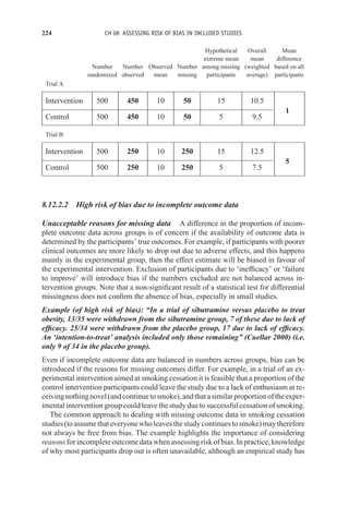 224 CH 08 ASSESSING RISK OF BIAS IN INCLUDED STUDIES
Hypothetical Overall Mean
extreme mean mean difference
Number Number Observed Number among missing (weighted based on all
randomized observed mean missing participants average) participants
Trial A
Intervention 500 450 10 50 15 10.5
1
Control 500 450 10 50 5 9.5
Trial B
Intervention 500 250 10 250 15 12.5
5
Control 500 250 10 250 5 7.5
8.12.2.2 High risk of bias due to incomplete outcome data
Unacceptable reasons for missing data A difference in the proportion of incom-
plete outcome data across groups is of concern if the availability of outcome data is
determined by the participants’ true outcomes. For example, if participants with poorer
clinical outcomes are more likely to drop out due to adverse effects, and this happens
mainly in the experimental group, then the effect estimate will be biased in favour of
the experimental intervention. Exclusion of participants due to ‘inefficacy’ or ‘failure
to improve’ will introduce bias if the numbers excluded are not balanced across in-
tervention groups. Note that a non-significant result of a statistical test for differential
missingness does not confirm the absence of bias, especially in small studies.
Example (of high risk of bias): “In a trial of sibutramine versus placebo to treat
obesity, 13/35 were withdrawn from the sibutramine group, 7 of these due to lack of
efficacy. 25/34 were withdrawn from the placebo group, 17 due to lack of efficacy.
An ‘intention-to-treat’ analysis included only those remaining” (Cuellar 2000) (i.e.
only 9 of 34 in the placebo group).
Even if incomplete outcome data are balanced in numbers across groups, bias can be
introduced if the reasons for missing outcomes differ. For example, in a trial of an ex-
perimental intervention aimed at smoking cessation it is feasible that a proportion of the
control intervention participants could leave the study due to a lack of enthusiasm at re-
ceivingnothingnovel(andcontinuetosmoke),andthatasimilarproportionoftheexper-
imental intervention group could leave the study due to successful cessation of smoking.
The common approach to dealing with missing outcome data in smoking cessation
studies(toassumethateveryonewholeavesthestudycontinuestosmoke)maytherefore
not always be free from bias. The example highlights the importance of considering
reasonsforincompleteoutcomedatawhenassessingriskofbias.Inpractice,knowledge
of why most participants drop out is often unavailable, although an empirical study has
 