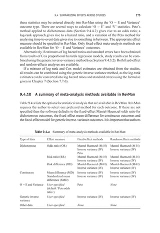 9.4 SUMMARIZING EFFECTS ACROSS STUDIES 275
these statistics may be entered directly into RevMan using the ‘O − E and Variance’
outcome type. There are several ways to calculate ‘O − E’ and ‘V’ statistics. Peto’s
method applied to dichotomous data (Section 9.4.4.2) gives rise to an odds ratio; a
log-rank approach gives rise to a hazard ratio, and a variation of the Peto method for
analysing time-to-event data gives rise to something in between. The appropriate effect
measure should be specified in RevMan. Only fixed-effect meta-analysis methods are
available in RevMan for ‘O − E and Variance’ outcomes.
Alternatively if estimates of log hazard ratios and standard errors have been obtained
from results of Cox proportional hazards regression models, study results can be com-
bined using the generic inverse-variance method (see Section 9.4.3.2). Both fixed-effect
and random-effects analyses are available.
If a mixture of log-rank and Cox model estimates are obtained from the studies,
all results can be combined using the generic inverse-variance method, as the log-rank
estimates can be converted into log hazard ratios and standard errors using the formulae
given in Chapter 7 (Section 7.7.6).
9.4.10 A summary of meta-analysis methods available in RevMan
Table 9.4.a lists the options for statistical analysis that are available in RevMan. RevMan
requires the author to select one preferred method for each outcome. If these are not
specified then the software defaults to the fixed-effect Mantel-Haenszel odds ratio for
dichotomous outcomes, the fixed-effect mean difference for continuous outcomes and
the fixed-effect model for generic inverse-variance outcomes. It is important that authors
Table 9.4.a Summary of meta-analysis methods available in RevMan
Type of data Effect measure Fixed-effect methods Random-effects methods
Dichotomous Odds ratio (OR) Mantel-Haenszel (M-H) Mantel-Haenszel (M-H)
Inverse variance (IV) Inverse variance (IV)
Peto
Risk ratio (RR) Mantel-Haenszel (M-H) Mantel-Haenszel (M-H)
Inverse variance (IV) Inverse variance (IV)
Risk difference (RD) Mantel-Haenszel (M-H) Mantel-Haenszel (M-H)
Inverse variance (IV) Inverse variance (IV)
Continuous Mean difference (MD) Inverse variance (IV) Inverse variance (IV)
Standardized mean
difference (SMD)
Inverse variance (IV) Inverse variance (IV)
O − E and Variance User-specified
(default ‘Peto odds
ratio’)
Peto None
Generic inverse
variance
User-specified Inverse variance (IV) Inverse variance (IV)
Other data User-specified None None
 