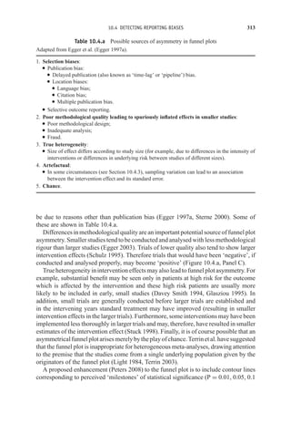 10.4 DETECTING REPORTING BIASES 313
Table 10.4.a Possible sources of asymmetry in funnel plots
Adapted from Egger et al. (Egger 1997a).
1. Selection biases:
r Publication bias:
r Delayed publication (also known as ‘time-lag’ or ‘pipeline’) bias.
r Location biases:
r Language bias;
r Citation bias;
r Multiple publication bias.
r Selective outcome reporting.
2. Poor methodological quality leading to spuriously inflated effects in smaller studies:
r Poor methodological design;
r Inadequate analysis;
r Fraud.
3. True heterogeneity:
r Size of effect differs according to study size (for example, due to differences in the intensity of
interventions or differences in underlying risk between studies of different sizes).
4. Artefactual:
r In some circumstances (see Section 10.4.3), sampling variation can lead to an association
between the intervention effect and its standard error.
5. Chance.
be due to reasons other than publication bias (Egger 1997a, Sterne 2000). Some of
these are shown in Table 10.4.a.
Differences in methodological quality are an important potential source of funnel plot
asymmetry. Smaller studies tend to be conducted and analysed with less methodological
rigour than larger studies (Egger 2003). Trials of lower quality also tend to show larger
intervention effects (Schulz 1995). Therefore trials that would have been ‘negative’, if
conducted and analysed properly, may become ‘positive’ (Figure 10.4.a, Panel C).
True heterogeneity in intervention effects may also lead to funnel plot asymmetry. For
example, substantial benefit may be seen only in patients at high risk for the outcome
which is affected by the intervention and these high risk patients are usually more
likely to be included in early, small studies (Davey Smith 1994, Glasziou 1995). In
addition, small trials are generally conducted before larger trials are established and
in the intervening years standard treatment may have improved (resulting in smaller
intervention effects in the larger trials). Furthermore, some interventions may have been
implemented less thoroughly in larger trials and may, therefore, have resulted in smaller
estimates of the intervention effect (Stuck 1998). Finally, it is of course possible that an
asymmetricalfunnelplotarisesmerelybytheplayofchance.Terrinetal.havesuggested
that the funnel plot is inappropriate for heterogeneous meta-analyses, drawing attention
to the premise that the studies come from a single underlying population given by the
originators of the funnel plot (Light 1984, Terrin 2003).
A proposed enhancement (Peters 2008) to the funnel plot is to include contour lines
corresponding to perceived ‘milestones’ of statistical significance (P = 0.01, 0.05, 0.1
 