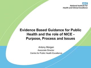 Antony Morgan Associate Director  Centre for Public Health Excellence Evidence Based Guidance for Public Health and the role of NICE - Purpose, Process and Issues 