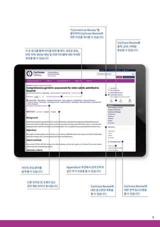Basic navigation
Cochrane Library는 다양한 방법으로 이용 및 검색할 수 있습니다.
고급 브라우징 기능으로 다양한 기준에 따라 Cochrane Systematic Reviews를 필터링할 수 있습니다.
• Date: 출판 날짜로 필터링
• Status: 결론 변경, 신규 검색 등 상태 확인
• Language: 특정 언어로 번역된 내용이 있는 리뷰를 필터링
• Type: 의료중재(intervention), 개요(overview) 등 형식 확인
• Topics: 검색어와 관련된 주제 표시
검색창에 원하는 용어를 직접 입력
하거나 ‘Advanced search (고급
검색)’를 선택해 MeSH 검색 및
복잡한 검색식을 만들거나, 저장한
검색 결과를 확인할 수 있습니다.
교육자료를 비롯하여 Cochrane
Library의 사용법에 대한 자세한
정보를 볼 수 있습니다.
퀵 링크 - Editorials,
Cochrane Reviews 하이라이트,
Special Collections.
홈페이지 하단에서 주제별로 혹은
Cochrane Review Group별로
브라우징할 수 있습니다.
5
4
"Comment on Review"를
클릭하여 Cochrane Review에
대한 의견을 게시할 수 있습니다.
이 두 링크를 통해 아티클 관련 통계치, 새로운 정보,
버전 이력, MeSH 헤딩 등 리뷰 아티클에 대한 자세한
정보를 볼 수 있습니다
Appendices 섹션에서 검색 전략과
같은 추가 자료를 볼 수 있습니다.
저자의 관심 분야를
쉽게 볼 수 있습니다.
다른 언어로 된 초록이 있는
경우 해당 언어가 표시됩니다. Cochrane Review에
대한 참고문헌 목록을
볼 수 있습니다.
Cochrane Review에
대한 번역 참고사항을
볼 수 있습니다.
Cochrane Review를
출력, 공유, 이메일
발송할 수 있습니다.
 