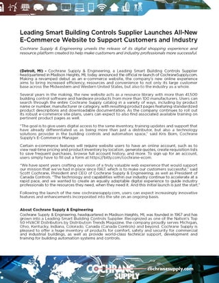 Cochrane Supply Launches All-New E-Commerce Website as Building Automation Industry Resource