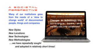 A S O C I E Ta l


Perspective
Many of our institutions grew
from the needs of a ‘slow to
change world’ of disconnected
people, things and companies
New Styles


New Locations


New Technologies


New Methodologies


….we have repeatedly sought


and adopted in relatively short times!
Changes in technology, the
workspace, home, and
society can only accelerate!
 