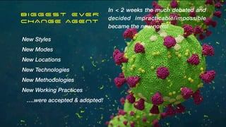 In < 2 weeks the much debated and
decided impracticable/impossible
became the new norm!
New Styles


New Modes


New Locations


New Technologies


New Methodologies


New Working Practices


….were accepted & adopted!
BIGGEST EVER


CHANGE AGENT


 