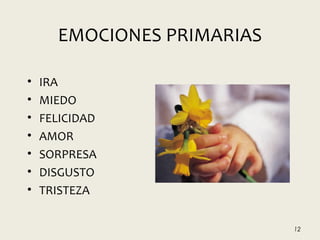 EMOCIONES PRIMARIAS
• IRA
• MIEDO
• FELICIDAD
• AMOR
• SORPRESA
• DISGUSTO
• TRISTEZA
12
 