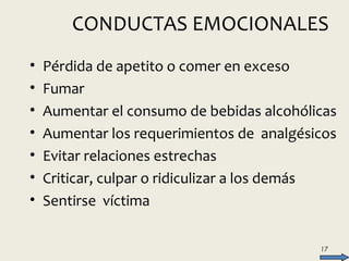 • Pérdida de apetito o comer en exceso
• Fumar
• Aumentar el consumo de bebidas alcohólicas
• Aumentar los requerimientos de analgésicos
• Evitar relaciones estrechas
• Criticar, culpar o ridiculizar a los demás
• Sentirse víctima
17
CONDUCTAS EMOCIONALES
 