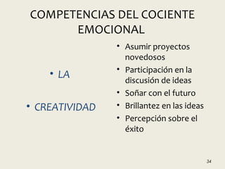 COMPETENCIAS DEL COCIENTE
EMOCIONAL
• LA
• CREATIVIDAD
• Asumir proyectos
novedosos
• Participación en la
discusión de ideas
• Soñar con el futuro
• Brillantez en las ideas
• Percepción sobre el
éxito
34
 