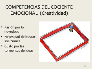 35
COMPETENCIAS DEL COCIENTE
EMOCIONAL (Creatividad)
• Pasión por lo
novedoso
• Necesidad de buscar
soluciones
• Gusto por las
tormentas de ideas
 