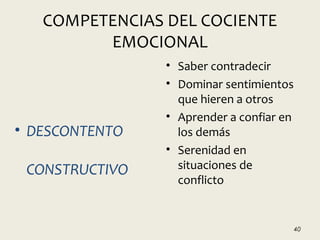 COMPETENCIAS DEL COCIENTE
EMOCIONAL
• DESCONTENTO
CONSTRUCTIVO
• Saber contradecir
• Dominar sentimientos
que hieren a otros
• Aprender a confiar en
los demás
• Serenidad en
situaciones de
conflicto
40
 