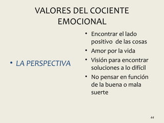 VALORES DEL COCIENTE
EMOCIONAL
• LA PERSPECTIVA
• Encontrar el lado
positivo de las cosas
• Amor por la vida
• Visión para encontrar
soluciones a lo difícil
• No pensar en función
de la buena o mala
suerte
44
 
