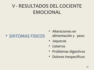 V - RESULTADOS DEL COCIENTE
EMOCIONAL
• SINTOMAS FISICOS
• Alteraciones en
alimentación y peso
• Jaquecas
• Catarros
• Problemas digestivos
• Dolores inespecíficos
53
 