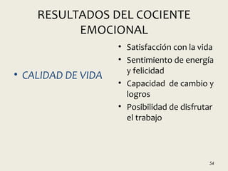 RESULTADOS DEL COCIENTE
EMOCIONAL
• CALIDAD DE VIDA
• Satisfacción con la vida
• Sentimiento de energía
y felicidad
• Capacidad de cambio y
logros
• Posibilidad de disfrutar
el trabajo
54
 