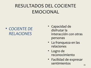 RESULTADOS DEL COCIENTE
EMOCIONAL
• COCIENTE DE
RELACIONES
• Capacidad de
disfrutar la
interacción con otras
personas
• La franqueza en las
relaciones
• Logro de
reconocimiento
• Facilidad de expresar
sentimientos 56
 