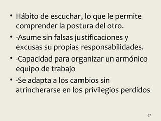 • Hábito de escuchar, lo que le permite
comprender la postura del otro.
• -Asume sin falsas justificaciones y
excusas su propias responsabilidades.
• -Capacidad para organizar un armónico
equipo de trabajo
• -Se adapta a los cambios sin
atrincherarse en los privilegios perdidos
87
 