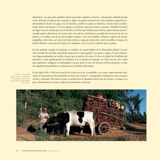 alimenticia. Los pescados también fueron preciados (salados o frescos) y designados simbólicamente
                                       como alimento en épocas de cuaresma y vigilia. Los guisos tuvieron una clara impronta mapuche pre-
                                       dominando el choclo y la papa. Así, las humitas, cocidas o asadas, la chuchoca, el pilco (maíz cocido y
                                       luego asado a las brasas) y el locro (papas con diversos aderezos) fueron comunes. También lo fueron
                                       las algas como el cochayuyo, su raíz el ulte y el luche, que formaron parte de los “guisos de los viernes”,
                                       cuando regía la abstinencia de carnes rojas y el vailcán, consistente en un plato de mariscos con ají. Los
                                       postres, en cambio, son de un claro origen europeo, como los hojaldres, alfajores, suspiros de monja,
                                       sopaipillas, entre otras, así como las frutas exóticas y algunas vernáculas como la murtilla, el maqui y la
                                       frutilla silvestre. La escasez de azúcar se compensó con el uso de la miel de ulmo y palma.

                                       En este período, cuando el mestizaje se cristaliza, los panes hablan de la diversidad cultural y social:
                                       está la tortilla de rescoldo, claramente mapuche; el “pan español”, con grasa y miga, y el “pan chileno”,
                                       una hogaza aplastada con mucha cáscara que se partía en la mesa. El vino, sin duda, fue la bebida más
                                       frecuente, lo que queda pronto en evidencia con el intento de imponer, en 1558, una ley seca, dado
                                       que españoles e indígenas se embriagaban a la par. Junto al vino, las diversas chichas de granos y frutas
                                       de raigambre precolombina, constituyeron las bebidas del pueblo.

                                       En los siglos XVII y XVIII esta mezcla de cocinas ya se ha consolidado. Las carnes, especialmente valo-
      El collof o cochayuyo, alga
 marina, viaja por semanas desde       radas, se consumieron frecuentemente en forma de charqui 11, emergiendo el charquicán como un guiso
  las comunidades mapuches de la       común y valorado. Del mismo modo, se perfeccionó la repostería hecha por las monjas y se llegó a un
costa a aquellas de la precordillera
                     de los Andes.     gran reﬁnamiento en cuanto a dulces de almendras o alcorzas.




           20        COCINAS MESTIZAS DE CHILE, La Olla Deleitosa
 