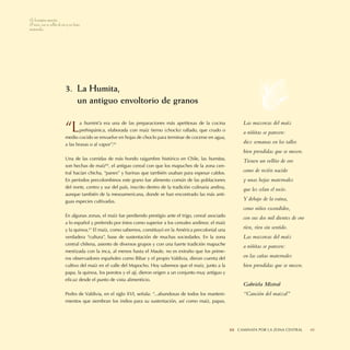En la página opuesta:
El maíz, con su vellito de oro y sus hojas
maternales.




                             3. La Humita,
                                un antiguo envoltorio de granos


                             “L      a humint’a era una de las preparaciones más apetitosas de la cocina
                                     prehispánica, elaborada con maíz tierno (choclo) rallado, que crudo o
                             medio cocido se envuelve en hojas de choclo para terminar de cocerse en agua,
                                                                                                                         Las mazorcas del maíz
                                                                                                                         a niñitas se parecen:

                             a las brasas o al vapor”.65                                                                 diez semanas en los tallos
                                                                                                                         bien prendidas que se mecen.
                             Una de las comidas de más hondo raigambre histórico en Chile, las humitas,                  Tienen un vellito de oro
                             son hechas de maíz66, el antiguo cereal con que los mapuches de la zona cen-
                             tral hacían chicha, “panes” y harinas que también usaban para espesar caldos.               como de recién nacido
                             En períodos precolombinos este grano fue alimento común de las poblaciones                  y unas hojas maternales
                             del norte, centro y sur del país, inscrito dentro de la tradición culinaria andina,         que les celan el rocío.
                             aunque también de la mesoamericana, donde se han encontrado las más anti-
                             guas especies cultivadas.                                                                   Y debajo de la vaina,
                                                                                                                         como niños escondidos,
                             En algunas zonas, el maíz fue perdiendo prestigio ante el trigo, cereal asociado            con sus dos mil dientes de oro
                             a lo español y preferido por éstos como superior a los cereales andinos: el maíz
                             y la quinoa.67 El maíz, como sabemos, constituyó en la América precolonial una              ríen, ríen sin sentido.
                             verdadera “cultura”, base de sustentación de muchas sociedades. En la zona                  Las mazorcas del maíz
                             central chilena, asiento de diversos grupos y con una fuerte tradición mapuche              a niñitas se parecen:
                             mestizada con la inca, al menos hasta el Maule, no es extraño que los prime-
                             ros observadores españoles como Bibar y el propio Valdivia, dieran cuenta del               en las cañas maternales
                             cultivo del maíz en el valle del Mapocho. Hoy sabemos que el maíz, junto a la               bien prendidas que se mecen.
                             papa, la quinoa, los porotos y el ají, dieron origen a un conjunto muy antiguo y
                             eﬁcaz desde el punto de vista alimenticio.
                                                                                                                         Gabriela Mistral
                             Pedro de Valdivia, en el siglo XVI, señala: “...abundosas de todos los manteni-             “Canción del maizal”
                             mientos que siembran los indios para su sustentación, así como maíz, papas,




                                                                                                                   III CAMINATA II SABORES NORTINOS
                                                                                                                                POR LA ZONA CENTRAL       69
 
