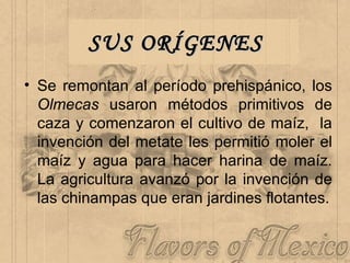 Se remontan al período prehispánico, los  Olmecas  usaron métodos primitivos de caza y comenzaron el cultivo de maíz,  la invención del metate les permitió moler el maíz y agua para hacer harina de maíz. La agricultura avanzó por la invención de las chinampas que eran jardines flotantes. SUS ORÍGENES 