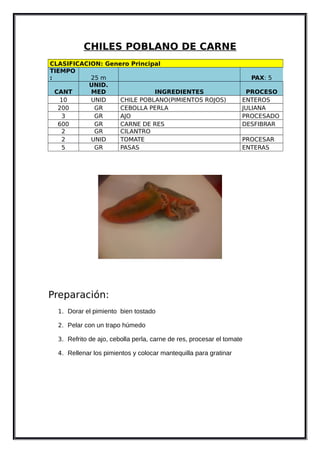 CHILES POBLANO DE CARNE
CLASIFICACION: Genero Principal
TIEMPO
: 25 m PAX: 5
CANT
UNID.
MED INGREDIENTES PROCESO
10 UNID CHILE POBLANO(PIMIENTOS ROJOS) ENTEROS
200 GR CEBOLLA PERLA JULIANA
3 GR AJO PROCESADO
600 GR CARNE DE RES DESFIBRAR
2 GR CILANTRO
2 UNID TOMATE PROCESAR
5 GR PASAS ENTERAS
Preparación:
1. Dorar el pimiento bien tostado
2. Pelar con un trapo húmedo
3. Refrito de ajo, cebolla perla, carne de res, procesar el tomate
4. Rellenar los pimientos y colocar mantequilla para gratinar
 