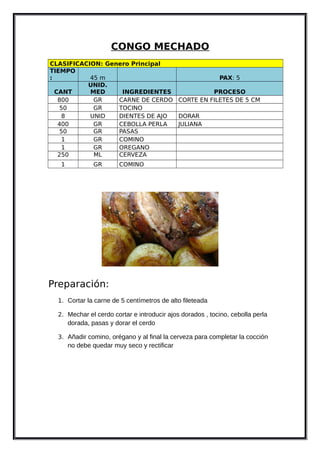 CONGO MECHADO
CLASIFICACION: Genero Principal
TIEMPO
: 45 m PAX: 5
CANT
UNID.
MED INGREDIENTES PROCESO
800 GR CARNE DE CERDO CORTE EN FILETES DE 5 CM
50 GR TOCINO
8 UNID DIENTES DE AJO DORAR
400 GR CEBOLLA PERLA JULIANA
50 GR PASAS
1 GR COMINO
1 GR OREGANO
250 ML CERVEZA
1 GR COMINO
Preparación:
1. Cortar la carne de 5 centímetros de alto fileteada
2. Mechar el cerdo cortar e introducir ajos dorados , tocino, cebolla perla
dorada, pasas y dorar el cerdo
3. Añadir comino, orégano y al final la cerveza para completar la cocción
no debe quedar muy seco y rectificar
 
