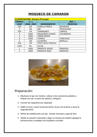 MOQUECO DE CAMARON
CLASIFICACION: Genero Principal
TIEMPO: 35 m PAX: 5
CANT UNID. MED INGREDIENTES PROCESO
100 GR CEBOLLA PERLA BRUNOISE
3 GR AJO PROCESADO
500 GR CAMARONES LIMPIOS
4 UNID MAQUEÑOS SUAVES COCINADOS
1 UNID LIMON MAYER
4 UNID TOMATE CONCASSE
2 GR CILANTRO BATALLA
100 GR COCO SECO FRESCO
1500 ML LECHE
1 UNID PIMIENTO VERDE MIREPOIX
1 UNID PIMIENTO ROJO MIREPOIX
Preparación:
1. Machacar el ajo con mortero, colocar a los camarones pelados y
limpios con sal, un poco de cilantro y refrigerar
2. Cocinar los maqueños por separado
3. Rallar el coco y sacar la primera leche, licuar con la leche y sacar la
segunda leche
4. Refrito de cebolla perla con ajo, tomate concasse y jugo de lima
5. Añadir el camarón macerado y dejar un minuto con cilantro agregar la
primera leche y emplatar con el plátano cocinado
 