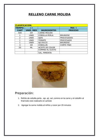 RELLENO CARNE MOLIDA
CLASIFICACION:
TIEMPO: 1 h PAX: 5
CANT UNID. MED INGREDIENTES PROCESO
500 GR CARNE MOLIDA
1 UNID CEBOLLA PERLA BRUNOISE
2 UNID AJOS PROCESADOS
1 UNID TOMATE PROCESADO
1 UNID AJI DULCE BRUNOISE
3 GR CEBOLLIN CORTE FINO
20 ML ACEITE DE COLOR
COMINO AL GUSTO
SAL, PIMIENTA
Preparación:
1. Refrito de cebolla perla , ajo, ají, sal ,comino en la carne y el cebollín al
final todo esto realizarlo en achiote
2. Agregar la carne molida al refrito y cocer por 20 minutos
 