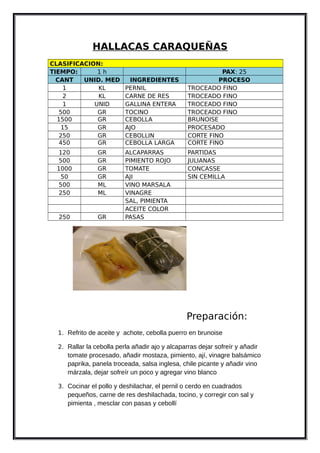 HALLACAS CARAQUEÑAS
CLASIFICACION:
TIEMPO: 1 h PAX: 25
CANT UNID. MED INGREDIENTES PROCESO
1 KL PERNIL TROCEADO FINO
2 KL CARNE DE RES TROCEADO FINO
1 UNID GALLINA ENTERA TROCEADO FINO
500 GR TOCINO TROCEADO FINO
1500 GR CEBOLLA BRUNOISE
15 GR AJO PROCESADO
250 GR CEBOLLIN CORTE FINO
450 GR CEBOLLA LARGA CORTE FINO
120 GR ALCAPARRAS PARTIDAS
500 GR PIMIENTO ROJO JULIANAS
1000 GR TOMATE CONCASSE
50 GR AJI SIN CEMILLA
500 ML VINO MARSALA
250 ML VINAGRE
SAL, PIMIENTA
ACEITE COLOR
250 GR PASAS
Preparación:
1. Refrito de aceite y achote, cebolla puerro en brunoise
2. Rallar la cebolla perla añadir ajo y alcaparras dejar sofreír y añadir
tomate procesado, añadir mostaza, pimiento, ají, vinagre balsámico
paprika, panela troceada, salsa inglesa, chile picante y añadir vino
márzala, dejar sofreír un poco y agregar vino blanco
3. Cocinar el pollo y deshilachar, el pernil o cerdo en cuadrados
pequeños, carne de res deshilachada, tocino, y corregir con sal y
pimienta , mesclar con pasas y cebollí
 