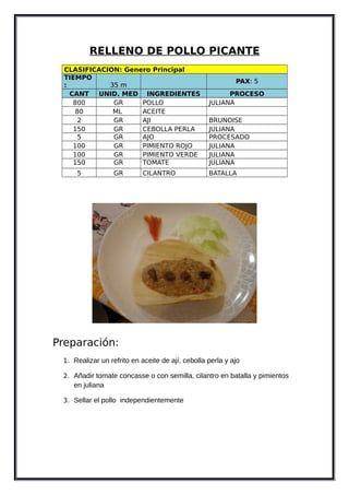 RELLENO DE POLLO PICANTE
CLASIFICACION: Genero Principal
TIEMPO
: 35 m
PAX: 5
CANT UNID. MED INGREDIENTES PROCESO
800 GR POLLO JULIANA
80 ML ACEITE
2 GR AJI BRUNOISE
150 GR CEBOLLA PERLA JULIANA
5 GR AJO PROCESADO
100 GR PIMIENTO ROJO JULIANA
100 GR PIMIENTO VERDE JULIANA
150 GR TOMATE JULIANA
5 GR CILANTRO BATALLA
Preparación:
1. Realizar un refrito en aceite de ají, cebolla perla y ajo
2. Añadir tomate concasse o con semilla, cilantro en batalla y pimientos
en juliana
3. Sellar el pollo independientemente
 