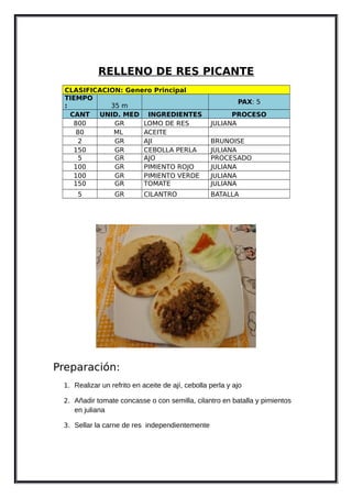RELLENO DE RES PICANTE
CLASIFICACION: Genero Principal
TIEMPO
: 35 m
PAX: 5
CANT UNID. MED INGREDIENTES PROCESO
800 GR LOMO DE RES JULIANA
80 ML ACEITE
2 GR AJI BRUNOISE
150 GR CEBOLLA PERLA JULIANA
5 GR AJO PROCESADO
100 GR PIMIENTO ROJO JULIANA
100 GR PIMIENTO VERDE JULIANA
150 GR TOMATE JULIANA
5 GR CILANTRO BATALLA
Preparación:
1. Realizar un refrito en aceite de ají, cebolla perla y ajo
2. Añadir tomate concasse o con semilla, cilantro en batalla y pimientos
en juliana
3. Sellar la carne de res independientemente
 