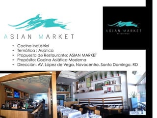 •  Cocina Industrial
•  Temática : Asiática
•  Propuesta de Restaurante: ASIAN MARKET
•  Propósito: Cocina Asiática Moderna
•  Dirección: AV. López de Vega, Novocentro. Santo Domingo. RD
 
