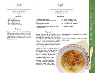 Comidas - Zona de Los Santos 
89 
Pozol 
Carmen Lidia Monge Fallas 
San Marcos de Tarrazú 
Ingredientes 
2 tazas de cal 
1 kilo de maíz amarillo 
½ kilo de posta de cerdo 
½ kilo de falda de cerdo 
ajos, culantro y consomé 
Preparación 
Se pone a hervir el maíz con la cal para 
pelarlo. Luego se lava bien y se pone a hervir 
con suficiente agua hasta que se reviente. 
Se añade la carne, los ajos y el culantro. Se 
hierve hasta que suavicen bien, luego se 
añade el consomé. 
Ingredientes 
Preparación 
Pozol 
Marianela Palacios Gómez 
San Pablo de León Cortés 
1 libra de maíz cascado 
1 cucharadita de orégano en hojas 
10 ajos triturados 
½ taza de salsa inglesa 
1 hoja de laurel 
1 libra (460 gramos) de pellejo de cerdo 
1 pata de cerdo 
1 kilo de posta de cerdo 
½ kilo de costilla de cerdo 
4 cubos grandes de consomé de res 
2 cucharaditas de pimienta 
achiote 
1 pasta de tomate 
Remojar la víspera el maíz. Escurrir al día 
siguiente y poner en una olla grande con 
suficiente agua, orégano, ajos, 1/2 taza de 
salsa inglesa, laurel, cubos de res, pellejo 
y pata de cerdo. Dejar suavizar y agregar 
más agua. Dura suavizando varias horas y 
hay que procurar que no quede demasiado 
suave y con suficiente caldo. Picar el pellejo y 
la carne de la pata de cerdo. 
La posta de cerdo se parte en trocitos, 
pone en una olla y se deja suavizar. 
Se agrega la costilla de cerdo, 2 
cucharadas de salsa inglesa, laurel, 
tomillo y el culantro. Licuar juntos: 
hojas de apio, dos cebollas, 2 
cucharaditas de pimienta, 5 ajos 
picados, dos chiles, achiote, pasta 
de tomate y agua. Juntar el maíz 
y la carne, hervir por ½ hora con 
caldo hasta que lo cubra. Hacer 
un refrito de 2 cucharadas de la 
grasa de la carne y dos cebollas, una taza de 
apio picado. 
Agregar esto al pozol y cocinar. El caldo debe 
quedar espeso. 
 