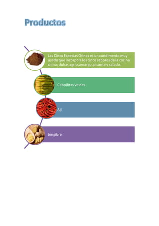 Las Cinco Especias Chinas es un condimento muy
usado que incorpora los cinco sabores de la cocina
china; dulce, agrio,amargo,picante y salado.
Cebollitas Verdes
Ají
Jengibre
 
