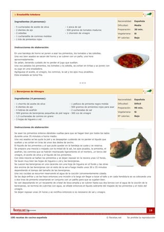 :: Ensaladilla toledana


   Ingredientes (6 personas):                                                                           Nacionalidad:   Española

                                                                                                        Dificultad:     Media
   - 5 cucharadas de aceite de oliva                - 1 pizca de sal
   - 2 dientes de ajo                               - 500 gramos de tomates maduros                     Preparación:    30 min.
   - 2 cebollas                                     - 1 chorreón de vinagre                             Vegetariana:    Si
   - 1 cucharadita de cominos molidos
                                                                                                        Nº calorías:    Bajo
   - 1 kilo de pimientos rojos


   Instrucciones de elaboración:

   En una bandeja de horno se ponen a asar los pimientos, los tomates y las cebollas.
   Una vez bien asados se sacan del horno y se cubren con un paño, una hora
   aproximadamente.
   Se pelan, teniendo cuidado de no perder el jugo que sueltan.
   Una vez pelados los pimientos, los tomates y la cebolla, se cortan en tiritas y se ponen con
   su jugo en una ensaladera.
   Agréguese el aceite, el vinagre, los cominos, la sal y los ajos muy picaditos.
   Esta ensalada se toma fría.




   :: Berenjenas de Almagro


   Ingredientes (4 personas):                                                                           Nacionalidad:   Española

   - 1 chorrito de aceite de oliva                       - 1 pellizco de pimienta negra molida          Dificultad:     Dificil
   - 6 dientes de ajo                                    - 500 gramos de pimientos rojos para asar      Preparación:    90 min.
   - 4 hebras de azafrán                             - 2 cucharadas de sal
                                                                                                        Vegetariana:    Si
   - 500 gramos de berenjenas pequeñas de piel negra - 300 ccs de vinagre
   - 1,5 cucharadas de comino en grano                                                                  Nº calorías:    Bajo
   - 3 hojas de higuera o vid


   Instrucciones de elaboración:

   Se asan los pimientos enteros dándoles vueltas para que se hagan bien por todos los lados
   durante unos 35 minutos a horno medio.
   Una vez asados se les quita la piel y se despepitan cuidando de no perder el líquido que
   sueltan y se cortan en tiras de unos dos dedos de ancho.
   El líquido de los pimientos y el que pudo quedar en la bandeja se cuela y se reserva.
   Se prepara una mezcla o majado con la mitad de la sal, los ajos picados, la pimienta, el
   azafrán, los cominos que se habrán machacado ligeramente en el mortero, un tercio del
   vinagre, el aceite de oliva y el líquido de los pimientos.
   Con ésta mezcla se bañan los pimientos y se dejan reposar en la nevera unas 12 horas.
   Se lavan muy bien las hojas de higuera o vid y las berenjenas.
   Se cuecen las berenjenas en una cacerola con una hoja de higuera en el fondo y las otras
   dos encima de las berenjenas con el resto de la sal a fuego medio unos 30 o 35 minutos
   dependiendo el tiempo del tamaño de las berenjenas.
   Una vez cocidas se escurren reservando el agua de la cocción convenientemente colada.
   Se las deja enfriar y se les hace entonces una incisión a lo largo sin llegar a tocar el tallo y en cada hendidura se va colocando una
   o dos tiras de pimiento ensartando en conjunto con un palillo para que se sujeten bien.
   Se van depositando en un recipiente de cristal de boca amplia y se cubren hasta sus dos tercios con el agua de la cocción de la
   berenjenas, se termina de cubrirlas con agua, se añade entonces el líquido sobrante del majado de los pimientos y el resto del
   vinagre.
   Se dejan reposar unas 24 horas y se rectifica entonces si es necesario de sal y vinagre.




                                                                                                                                       19


100 recetas de cocina española                                                                © Recetas.net      Se prohibe la reproducción
 