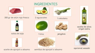 300 gr de atún rojo fresco 2 aguacates 1 cebolleta
salsa de soja 1 lima
semillas de ajonjolí o sésamoaceite de ajonjolí o sésamo
jengibre
aceite de oliva
virgen extra
opcional: wasabi
INGREDIENTES
 