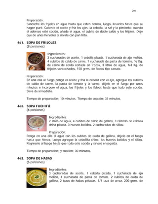 206
Preparación:
Sancoche los frijoles en agua hasta que estén tiernos, luego, licuarlos hasta que se
hagan puré. Caliente el aceite y fría los ajos, la cebolla, la sal y la pimienta; cuando
el aderezo esté cocido, añada el agua, el cubito de doble caldo y los frijoles. Deje
que de unos hervores y sírvala con pan frito.
461. SOPA DE FRIJOLES
(8 porciones)
Ingredientes:
3 cucharadas de aceite, 1 cebolla picada, 1 cucharada de ajo molido,
4 cubitos de caldo de carne, 1 cucharada de pasta de tomate, ½ Kg.
de carne de cerdo cortada en trozos, 3 litros de agua, 1/4 Kg. de
frijoles sancochados, 150 grms. de fideos tipo canuto.
Preparación:
En una olla al fuego ponga el aceite y fría la cebolla con el ajo, agregue los cubitos
de caldo de carne, la pasta de tomate y la carne, déjelo en el fuego por unos
minutos e incorpore el agua, los frijoles y los fideos hasta que todo este cocido.
Sirva de inmediato.
Tiempo de preparación: 10 minutos. Tiempo de cocción: 35 minutos.
462. SOPA FUCHIFÚ
(6 porciones)
Ingredientes:
2 litros de agua, 4 cubitos de caldo de gallina, 3 ramitas de cebolla
china picada, 3 huevos batidos, 2 cucharadas de sillau.
Preparación:
Ponga en una olla el agua con los cubitos de caldo de gallina, déjelo en el fuego
hasta que hierva. Luego agregue la cebollita china, los huevos batidos y el sillau.
Regréselo al fuego hasta que todo este cocido y sírvalo enseguida.
Tiempo de preparación: y cocción: 30 minutos.
463. SOPA DE HABAS
(6 porciones)
Ingredientes:
3 cucharadas de aceite, 1 cebolla picada, 1 cucharada de ajo
molido, 1 cucharada de pasta de tomate, 2 cubitos de caldo de
gallina, 2 tazas de habas peladas, 1/4 taza de arroz, 200 grms. de
 