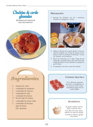 LA COCINA PERUANA PASO A PASO
132
CChhuulleettaass ddee cceerrddoo
ggllaasseeaaddaass
(ELABORACIÓN MEDIANA)
PARA SEIS PERSONAS
6 chuletas de cerdo
3 cucharadas de margarina
3 cucharadas de maicena
2 cucharadas de miel
1 cucharada de mostaza
1/2 taza de jugo de naranja
2 cucharadas de azúcar rubia
2 cucharadas de ketchup
Jugo de limón
Sal y pimienta
PREPARACIÓN
1. Sazonar las chuletas con sal y pimienta.
Dorarlas en margarina y retirar.
2. Aflojar el fondo de la sartén donde se han do-
rado las chuletas con el jugo de naranja. Incor-
porar la miel, la mostaza, el ketchup y el azú-
car. Espesar con la maicena.
3. Poner los brazuelos en la salsa. Dejar hervir,
salseando a menudo hasta que estén bien gla-
seadas. Rectificar la sal y pimienta y agregar ju-
go de limón.
4. Acompañar con arroz o puré de camote.
SUGERENCIA
Se puede utilizar miel de
abeja o miel de maíz.
Si la salsa está muy espesa,
soltarla con jugo de naranja.
Si tarda en espesar, agregar
más azúcar.
CONSEJO PRÁCTICO
Si se advierten manchas
marrones o amarillentas en
la carne de cerdo, evitar
comprarla porque será de
mala calidad.
 