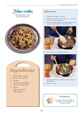 LA COCINA PERUANA PASO A PASO
139
FFiiddeeooss ccrriioollllooss
(ELABORACIÓN FÁCIL)
PARA SEIS PERSONAS
1 kilo de fideos tornillos
1/2 kilo de carne molida
2 cebollas
1 ají verde en cuadraditos
1/2 atado de cebolla china
6 huevos
Ajos, sal, pimienta
Sillau al gusto
PREPARACIÓN
1. Sancochar los fideos y escurrir.
2. Hacer una tortilla con los huevos y cortar en
cuadritos no muy pequeños.
3. Freír la cebolla cortada finamente, agregar el ajo,
el ají, la sal, la pimienta y la cebolla china.
4. Freír la carne en el mismo aderezo.
5. Agregar la tortilla en cuadritos; al final echarle si-
llau al gusto.
6. Mezclar y servir.
SUGERENCIA
Reemplazar la carne molida con
salchichas, chorizos, hígado o
corazón de pollo.
 
