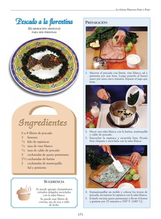 LA COCINA PERUANA PASO A PASO
171
PPeessccaaddoo aa llaa fflloorreennttiinnaa
(ELABORACIÓN MEDIANA)
PARA SEIS PERSONAS
PREPARACIÓN
1. Macerar el pescado con limón, vino blanco, sal y
pimienta por una hora. Luego ponerlo al horno
suave por unos cinco minutos. Separar el jugo que
bota.
2. Hacer una salsa blanca con la harina, mantequilla
y caldo de pescado.
3. Sancochar la espinaca y escurrirla bien. Picarla
bien chiquita y mezclarla con la salsa blanca.
4. Enmantequillar un molde y colocar los trozos de
pescado, incorporar la espinaca con la salsa blanca.
5. Echarle encima queso parmesano y llevar el horno
a gratinar por 25 minutos a 350° F (180° C).
SUGERENCIA
Se puede agregar champiñones
cortados delgados mezclados
con la salsa blanca.
Se puede usar filetes de
corvina, ojo de uva o tollo
de leche.
6 u 8 filetes de pescado
3 limones
1/2 kilo de espinacas
1/2 taza de vino blanco
1/2 taza de caldo de pescado
3 cucharadas de queso parmesano
21/2 cucharadas de harina
2 cucharadas de mantequilla
Sal y pimienta
 