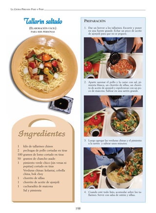 LA COCINA PERUANA PASO A PASO
198
TTaallllaarríínn ssaallttaaddoo
(ELABORACIÓN FÁCIL)
PARA SEIS PERSONAS
PREPARACIÓN
1. Dar un hervor a los tallarines. Escurrir y poner
en una fuente grande. Echar un poco de aceite
de ajonjolí para que no se peguen.
2. Aparte sazonar el pollo y la carne con sal, pi-
mienta blanca, un chorrito de sillau, un chorri-
to de aceite de ajonjolí y espolvorear con un po-
co de maicena. Saltear en una sartén grande.
3. Luego agregar las verduras chinas y el pimiento
a la sartén y saltear unos minutos.
4. Cuando esté todo listo, acomodar sobre los ta-
llarines. Servir con salsa de ostión y sillau.
1 kilo de tallarines chinos
2 pechugas de pollo cortadas en tiras
100 gramos de lomo cortado en tiras
50 gramos de chancho asado
1 pimiento verde chico (sin venas ni
pepitas) cortado en tiras
Verduras chinas: kolantai, cebolla
china, bok choy
1 chorrito de sillau
1 chorrito de aceite de ajonjolí
1 cucharadita de maicena
Sal y pimienta
 