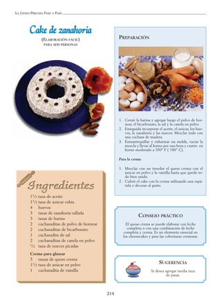 LA COCINA PERUANA PASO A PASO
214
CCaakkee ddee zzaannaahhoorriiaa
(ELABORACIÓN FÁCIL)
PARA SEIS PERSONAS
11/2 taza de aceite
11/2 taza de azúcar rubia
4 huevos
3 tazas de zanahoria rallada
3 tazas de harina
2 cucharaditas de polvo de hornear
2 cucharaditas de bicarbonato
1 cucharadita de sal
2 cucharaditas de canela en polvo
1/2 taza de nueces picadas
Crema para glasear
3 onzas de queso crema
11/2 taza de azúcar en polvo
1 cucharadita de vainilla
PREPARACIÓN
1. Cernir la harina y agregar luego el polvo de hor-
near, el bicarbonato, la sal y la canela en polvo.
2. Enseguida incorporar el aceite, el azúcar, los hue-
vos, la zanahoria y las nueces. Mezclar todo con
una cuchara de madera.
3. Enmantequillar y enharinar un molde, vaciar la
mezcla y llevar al horno por una hora y cuarto en
horno moderado a 350° F ( 180° C).
Para la crema
1. Mezclar con un tenedor el queso crema con el
azúcar en polvo y la vainilla hasta que quede to-
do bien unido.
2. Cubrir el cake con la crema utilizando una espá-
tula y decorar al gusto.
SUGERENCIA
Si desea agregar media taza
de pasas.
CONSEJO PRÁCTICO
El queso crema se puede elaborar con leche
completa o con una combinación de leche
completa y crema. Es un elemento esencial en
los cheesecakes y para las coberturas cremosas.
 