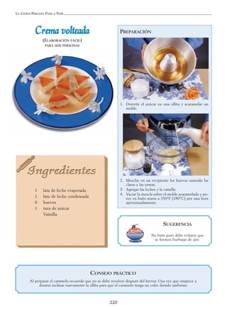 LA COCINA PERUANA PASO A PASO
220
CCrreemmaa vvoolltteeaaddaa
(ELABORACIÓN FÁCIL)
PARA SEIS PERSONAS
1 lata de leche evaporada
1 lata de leche condensada
6 huevos
1 taza de azúcar
Vainilla
PREPARACIÓN
1. Derretir el azúcar en una ollita y acaramelar un
molde.
2. Mezclar en un recipiente los huevos uniendo las
claras y las yemas.
3. Agregar las leches y la vainilla.
4. Vaciar la mezcla sobre el molde acaramelado y po-
ner en baño maría a 350°F (180°C) por una hora
aproximadamente.
SUGERENCIA
No batir pues debe evitarse que
se formen burbujas de aire.
CONSEJO PRÁCTICO
Al preparar el caramelo recuerde que no se debe revolver después del hervor. Una vez que empiece a
dorarse inclinar suavemente la ollita para que el caramelo tenga un color dorado uniforme
 