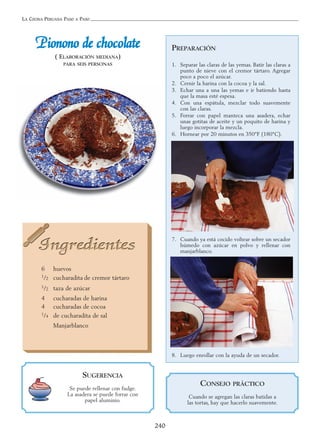 LA COCINA PERUANA PASO A PASO
240
PPiioonnoonnoo ddee cchhooccoollaattee
( ELABORACIÓN MEDIANA)
PARA SEIS PERSONAS
6 huevos
1/2 cucharadita de cremor tártaro
1/2 taza de azúcar
4 cucharadas de harina
4 cucharadas de cocoa
1/4 de cucharadita de sal
Manjarblanco
PREPARACIÓN
1. Separar las claras de las yemas. Batir las claras a
punto de nieve con el cremor tártaro. Agregar
poco a poco el azúcar.
2. Cernir la harina con la cocoa y la sal.
3. Echar una a una las yemas e ir batiendo hasta
que la masa esté espesa.
4. Con una espátula, mezclar todo suavemente
con las claras.
5. Forrar con papel manteca una asadera, echar
unas gotitas de aceite y un poquito de harina y
luego incorporar la mezcla.
6. Hornear por 20 minutos en 350°F (180°C).
7. Cuando ya está cocido voltear sobre un secador
húmedo con azúcar en polvo y rellenar con
manjarblanco.
8. Luego enrollar con la ayuda de un secador.
SUGERENCIA
Se puede rellenar con fudge.
La asadera se puede forrar con
papel aluminio.
CONSEJO PRÁCTICO
Cuando se agregan las claras batidas a
las tortas, hay que hacerlo suavemente.
 