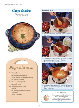 LA COCINA PERUANA PASO A PASO
82
CChhuuppee ddee hhaabbaass
(ELABORACIÓN FÁCIL)
PARA SEIS PERSONAS
1/2 kilo de habas
1 cucharada de ají molido
4 papas blancas cortadas en cuartos
3 cucharadas de arroz
1/2 taza de cebolla picada
1 cubito de carne
100 gramos de queso fresco
2 huevos
1 cucharada de pasta de tomate
(opcional)
Leche evaporada
PREPARACIÓN
1. Freír las cebollas, el ají molido, la pasta de tomate
y revolver.
2. Agregar seis tazas de agua, el cubito, las habas
peladas, las papas cortadas y el arroz.
Dejar cocer a fuego moderado.
3. Antes de bajar, añadir los huevos ligeramente
batidos, el queso fresco picado y un chorrito de
leche evaporada.
SUGERENCIA
Si desea, puede añadir al final una
pizca de orégano seco.
Puede agregar una bolsita de
camaroncitos chinos en lugar del
cubito de carne.
 