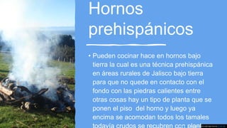 Hornos
prehispánicos
• Pueden cocinar hace en hornos bajo
tierra la cual es una técnica prehispánica
en áreas rurales de Jalisco bajo tierra
para que no quede en contacto con el
fondo con las piedras calientes entre
otras cosas hay un tipo de planta que se
ponen el piso del horno y luego ya
encima se acomodan todos los tamales
Esta foto de Autor desconocido está bajo licencia CC BY-SA
 