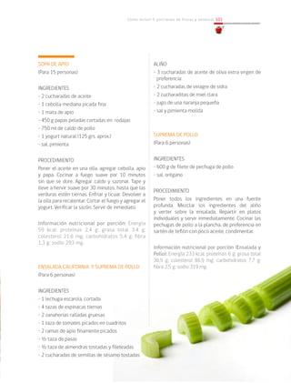 Cómo incluir 5 porciones de frutas y verduras 103
SOPA DE APIO
(Para 15 personas)
INGREDIENTES
• 2 cucharadas de aceite
• 1 cebolla mediana picada fina
• 1 mata de apio
• 450 g papas peladas cortadas en rodajas
• 750 ml de caldo de pollo
• 1 yogurt natural (125 grs. aprox.)
• sal, pimienta
PROCEDIMIENTO
Poner el aceite en una olla, agregar cebolla, apio
y papa. Cocinar a fuego suave por 10 minutos
sin que se dore. Agregar caldo y sazonar. Tape y
lleve a hervir suave por 30 minutos, hasta que las
verduras estén tiernas. Enfriar y licuar. Devolver a
la olla para recalentar. Cortar el fuego y agregar el
yogurt. Verificar la sazón. Servir de inmediato.
Información nutricional por porción: Energía
59 kcal; proteínas 2,4 g; grasa total 3,4 g;
colesterol 21,6 mg; carbohidratos 5,4 g; fibra
1,3 g; sodio 293 mg.
ENSALADA CALIFORNIA Y SUPREMA DE POLLO
(Para 6 personas)
INGREDIENTES
• 1 lechuga escarola, cortada
• 4 tazas de espinacas tiernas
• 2 zanahorias ralladas gruesas
• 1 taza de tomates picados en cuadritos
• 2 ramas de apio finamente picados
• ½ taza de pasas
• ½ taza de almendras tostadas y fileteadas
• 2 cucharadas de semillas de sésamo tostadas
ALIÑO
• 3 cucharadas de aceite de oliva extra virgen de
preferencia
• 2 cucharadas de vinagre de sidra
• 2 cucharaditas de miel clara
• jugo de una naranja pequeña
• sal y pimienta molida
SUPREMA DE POLLO
(Para 6 personas)
INGREDIENTES
• 600 g de filete de pechuga de pollo
• sal, orégano
PROCEDIMIENTO
Poner todos los ingredientes en una fuente
profunda. Mezclar los ingredientes del aliño
y verter sobre la ensalada. Repartir en platos
individuales y servir inmediatamente. Cocinar las
pechugas de pollo a la plancha, de preferencia en
sartén de teflón con poco aceite, condimentar.
Información nutricional por porción (Ensalada y
Pollo): Energía 233 kcal; proteínas 6 g; grasa total
36,9 g; colesterol 86,9 mg; carbohidratos 7,7 g;
fibra 2,5 g; sodio 319 mg.
 