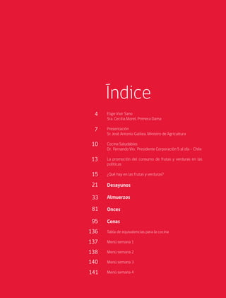 Cómo incluir 5 porciones de frutas y verduras 3
Índice
Elige Vivir Sano
Sra. Cecilia Morel. Primera Dama
Presentación
Sr. José Antonio Galilea. Ministro de Agricultura
Cocina Saludables
Dr. Fernando Vio. Presidente Corporación 5 al día - Chile
La promoción del consumo de frutas y verduras en las
políticas
¿Qué hay en las frutas y verduras?
Desayunos
Almuerzos
Onces
Cenas
Tabla de equivalencias para la cocina
Menú semana 1
Menú semana 2
Menú semana 3
Menú semana 4
4
7
10
13
15
21
33
81
95
136
137
138
140
141
 