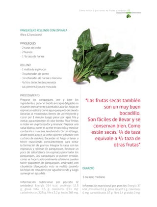 Cómo incluir 5 porciones de frutas y verduras 63
PANQUEQUES RELLENOS CON ESPINACA
(Para 12 unidades)
PANQUEQUES
• 2 tazas de leche
• 2 huevos
• 1 ½ taza de harina
RELLENO
• 1 malla de espinacas
• 3 cucharadas de aceite
• 3 cucharadas de harina o maicena
• ½ litro de leche descremada
• sal, pimienta y nuez moscada
PROCEDIMIENTO
Preparar los panqueques, unir y batir los
ingredientes, poner el batido en capas delgadas en
elsarténpreviamentecalentado.Lavarlashojasde
espinacas,estilaryconelaguaquequedódellavado
llevarlas al microondas dentro de un recipiente y
cocer por 1 minuto. Luego pasar por agua fría y
estilar, para mantener el color bonito. Picar finitas
o moler en un procesador y reservar. Preparar una
salsa blanca, poner el aceite en una olla y mezclar
con harina o maicena, revolviendo. Cortar el fuego,
añadir poco a poco la leche caliente y disolver con
cuchara de madera. Encender el fuego y llevar a
hervir revolviendo constantemente para evitar
la formación de grumos. Integrar la salsa con las
espinacas y rellenar los panqueques. Reservar un
poco de salsa blanca sin espinaca para bañar los
panqueques. Los panqueques se pueden enrollar,
como se hace tradicionalmente o bien se pueden
hacer paquetitos de panqueques, amarrados con
ciboulette blanqueado, esto se realiza pasando
las hojas de ciboulette por agua hirviendo y luego
sumergir en agua fría.
Información nutricional por porción (2
unidades): Energía 234 kcal; proteínas 11,8
g; grasa total 6,5 g; colesterol 63,1 mg;
carbohidratos 32,5 g; fibra 3,2 g; sodio 369 mg.
DURAZNO
1 durazno mediano
Información nutricional por porción: Energía 37
kcal; proteínas 0,6 g; grasa total 0,1 g; colesterol
0 mg; carbohidratos 9,7 g; fibra 1,4 g; sodio 0 mg.
“Las frutas secas también
son un muy buen
bocadillo.
Son fáciles de llevar y se
conservan bien. Como
están secas, ¼ de taza
equivale a ½ taza de
otras frutas”
 