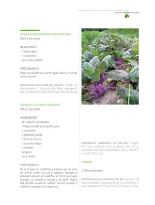 Cómo incluir 5 porciones de frutas y verduras 67
ENSALADA DE BETARRAGA CON ZANAHORIA
(Para 6 personas)
INGREDIENTES
• 3 betarragas
• 3 zanahorias
• sal, aceite y limón
PROCEDIMIENTO
Pelar las zanahorias y betarragas, rallar y mezclar,
aliñar a gusto.
Información nutricional por porción: Energía 36
kcal; proteínas 1,3 g; grasa total 0,8 g; colesterol 0
mg; carbohidratos 5,8 g; fibra 2,8 g; sodio 342,5 mg.
ESPIRALES CON PAVO Y VERDURAS
(Para 6 personas)
INGREDIENTES
• Un paquete de espirales
• 200 gramos de pechuga de pavo
• 1 zanahoria
• 1 pimentón verde
• 1 taza de choclo
• 1 taza de arvejas
• 1 cebollín
• orégano
• sal y aceite
PROCEDIMIENTO
Picar el pavo en cuadritos y saltear con un poco
de aceite, aliñar con sal y orégano. Agregar el
pimentón picado en cuadritos, el choclo y arvejas
cocidos, la zanahoria rallada y la parte blanca
del cebollín picada en rodelas. Cocinar durante 3
minutos y agregar a los espirales.
Información nutricional por porción: Energía
349 kcal; proteínas 19,2 g; grasa total 2,7 g;
colesterol 38 mg; carbohidratos 59,2 g; fibra 6,3
g; sodio 251,2 mg.
PLÁTANO
1 plátano pequeño
Información nutricional por porción: Energía 109
kcal; proteínas 1,2 g; grasa total 0 g; colesterol 0
mg; carbohidratos 27,6 g; fibra 1,2 g; sodio 1,2 mg.
 