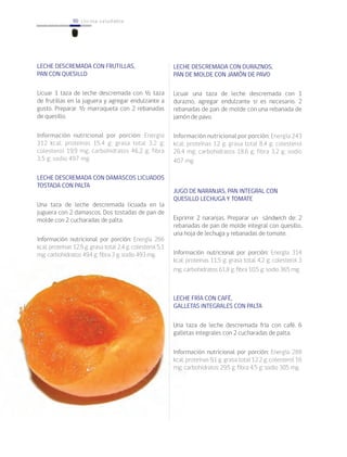 90 cocina saludable90
LECHE DESCREMADA CON FRUTILLAS,
PAN CON QUESILLO
Licuar 1 taza de leche descremada con ½ taza
de frutillas en la juguera y agregar endulzante a
gusto. Preparar ½ marraqueta con 2 rebanadas
de quesillo.
Información nutricional por porción: Energía
312 kcal; proteínas 15,4 g; grasa total 3,2 g;
colesterol 19,9 mg; carbohidratos 46,2 g; fibra
3,5 g; sodio 497 mg.
LECHE DESCREMADA CON DAMASCOS LICUADOS
TOSTADA CON PALTA
Una taza de leche descremada licuada en la
juguera con 2 damascos. Dos tostadas de pan de
molde con 2 cucharadas de palta.
Información nutricional por porción: Energía 266
kcal; proteínas 12,9 g; grasa total 2,4 g; colesterol 5,1
mg; carbohidratos 49,4 g; fibra 3 g; sodio 493 mg.
LECHE DESCREMADA CON DURAZNOS,
PAN DE MOLDE CON JAMÓN DE PAVO
Licuar una taza de leche descremada con 1
durazno, agregar endulzante si es necesario. 2
rebanadas de pan de molde con una rebanada de
jamón de pavo.
Información nutricional por porción: Energía 243
kcal; proteínas 12 g; grasa total 8,4 g; colesterol
26,4 mg; carbohidratos 18,6 g; fibra 3,2 g; sodio
407 mg.
JUGO DE NARANJAS, PAN INTEGRAL CON
QUESILLO LECHUGA Y TOMATE
Exprimir 2 naranjas. Preparar un sándwich de: 2
rebanadas de pan de molde integral con quesillo,
una hoja de lechuga y rebanadas de tomate.
Información nutricional por porción: Energía 314
kcal; proteínas 11,5 g; grasa total 4,2 g; colesterol 3
mg; carbohidratos 61,8 g; fibra 10,5 g; sodio 365 mg.
LECHE FRÍA CON CAFÉ,
GALLETAS INTEGRALES CON PALTA
Una taza de leche descremada fría con café. 6
galletas integrales con 2 cucharadas de palta.
Información nutricional por porción: Energía 288
kcal; proteínas 9,1 g; grasa total 12,2 g; colesterol 16
mg; carbohidratos 29,5 g; fibra 4,5 g; sodio 305 mg.
 